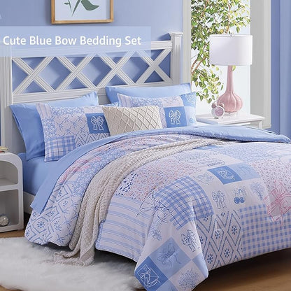 Queen Comforter Set for Girls, Cute Blue Bow Bedding 7 Pieces Kids Bed Set, All Season Bed in a Bag with Sheets, Pillowcases & Shams