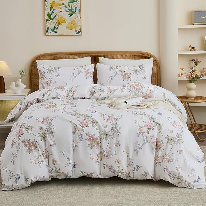 100% Cotton Duvet Cover Queen Size – Elegant French Romantic Floral Duvet Cover Set with Zipper Closure, 3-Piece Soft Breathable Durable Percale Cotton Bedding Set for All Seasons