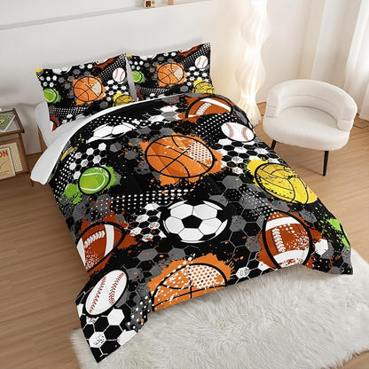 Kids Sports Balls Bedding King Comforter Set for Boys,Tie-Dyed Football Basketball Baseball Print Comforter Set for Kids Bedroom Decor,Sports Themed Bedding Comforter Set with 2 Pillowcases.