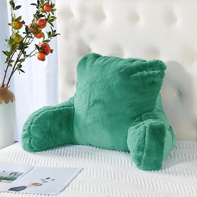 Plush Faux Fur Backrest Reading Bed Rest Pillow with Arms and Pockets for Sitting in Bed Couch Sofa, Back Support Wedge Cushion with Removable Cover, 20" x 18" x 17", Bluish Green