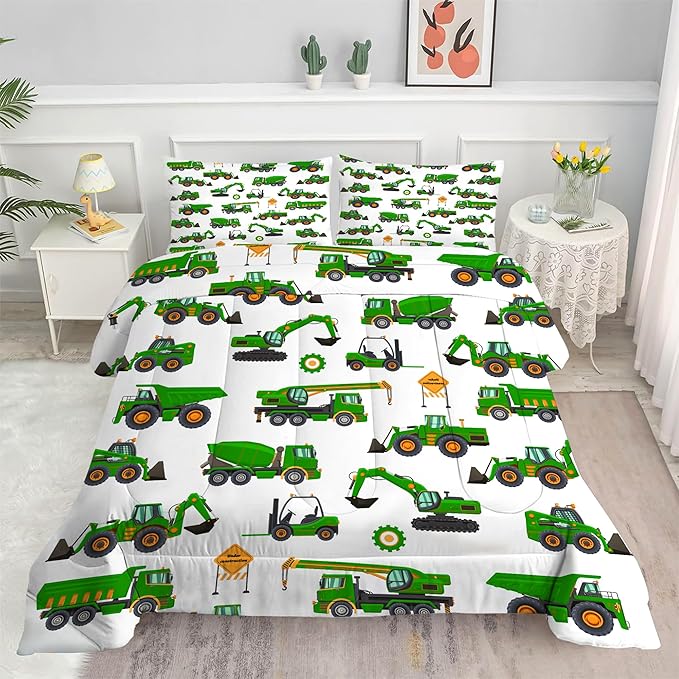 Comforter Set Green Tractor: Twin Size Cartoon Excavator Truck Car Bedding Sets for Boys Kids Teens Toddler Construction Vehicles Quilt Bed Set with 1 Comforter & 1 Pillow Case
