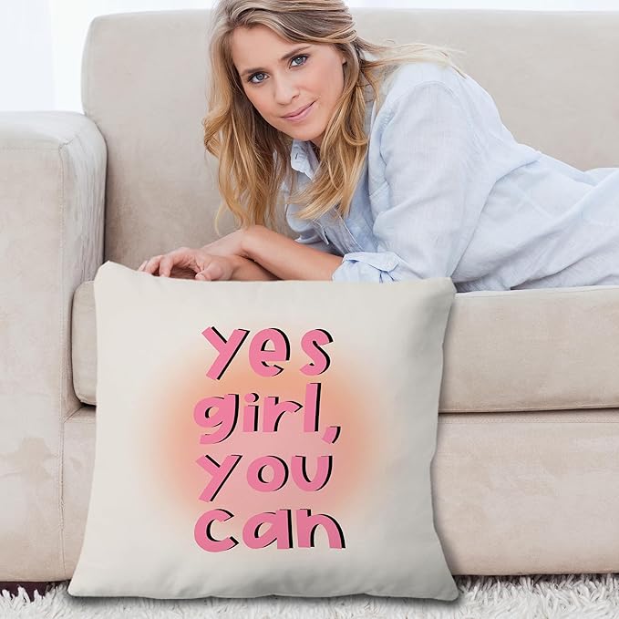 Yes Girl You Can Inspirational Pillow Covers 18x18, Positive Affirmation Gifts for Women Teen Girls, Preppy Pink Feminist Throw Pillow Covers Decorative for Home Teen Girls Room Dorm Apartment
