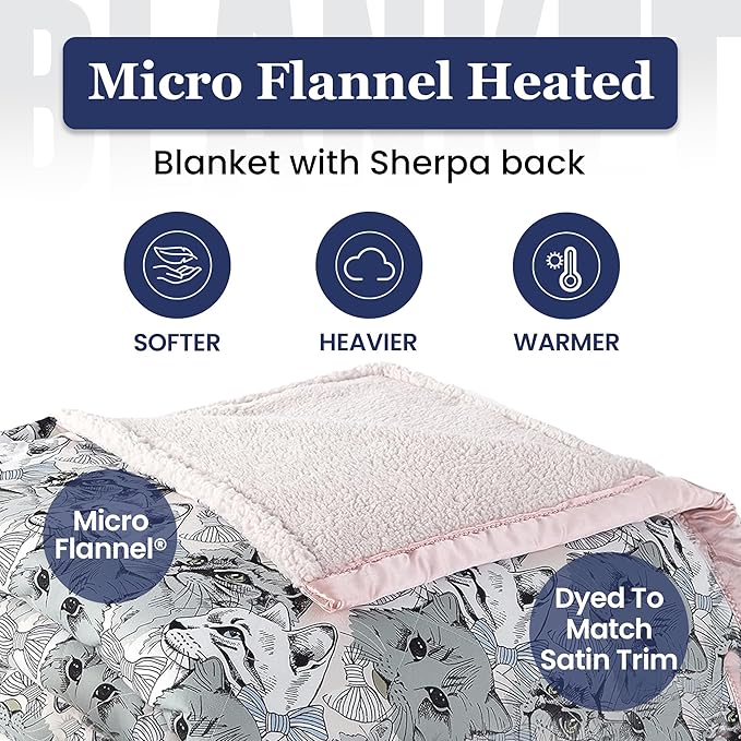 Thermee Micro Flannel Heated Blanket with Sherpa Back, 10-Setting Programmable Electric Blanket - Queen Size, Ultra-Soft Heated Throw - Cat Medley