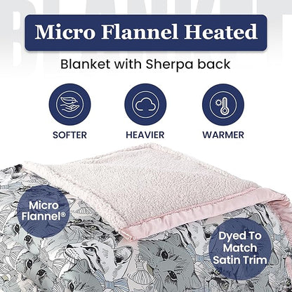 Thermee Micro Flannel Heated Blanket with Sherpa Back, 10-Setting Programmable Electric Blanket - Queen Size, Ultra-Soft Heated Throw - Cat Medley