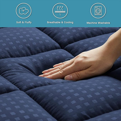 HYLEORY California King Mattress Pad Quilted Fitted Mattress Protector Cooling Pillow Top Mattress Cover Breathable Fluffy Soft Mattress Topper with 8-21" Deep Pocket, Navy