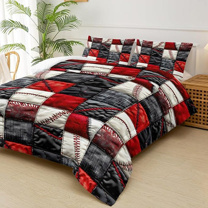 Red and Black Plaid Comforter Set Full，Baseball Bedding Set Full Red and Black，Sport Quilt for Boys，with 1 Comforter with 2 Pillow Case