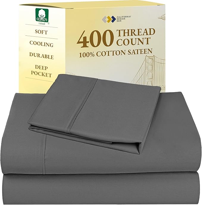 California Design Den Twin XL Sheet Sets - 100% Cotton Sheets, 400 Thread Count Sateen, Deep Pockets, and Durable Bedding, Dorm Essentials for Guys - Grey