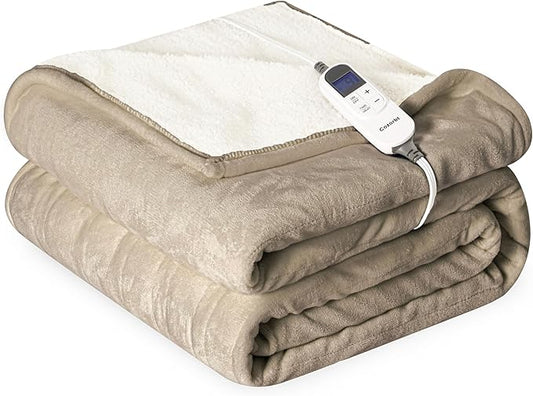 Heat Blanket 62”x84” Twin Size,Soft Flannel & Sherpa Reversible Electric Blanket with 10 Heat Settings,12 Timer Setting and 8 Hours Auto-Shut Off,ETL Certified Machine Washable,Light Brown