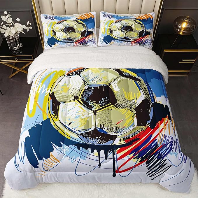 QOOMO Boys Sports Bedding - Twin Size Sherpa Fleece Comforter Set with 1 Comforter 2 Pillowcases - Football Graffiti Style