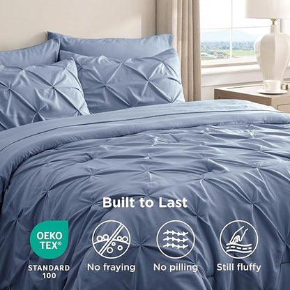 Bedsure Full Comforter Set Slate Blue - Bed in a Bag Full Size Bedding Set 7 Pieces, GentleSoft™ Pintuck Bed Set Gift for Family, Pinch Pleat All Season Comforter with Sheets, Pillowcases & Shams
