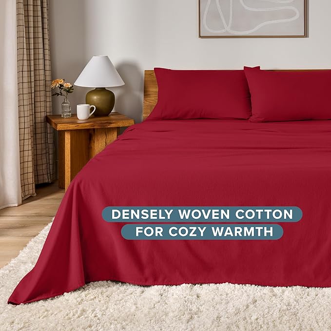 Bare Home Flannel Sheet Set 100% Cotton, Velvety Soft Heavyweight - Double Brushed Flannel - Deep Pocket (Twin, Red)