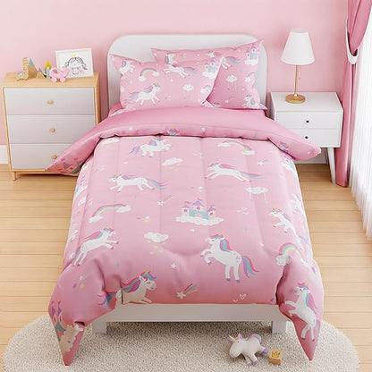 SANDJEST Unicorn Comforter Set Full Size 98x86in for Kids Girls, Microfiber 4 Pcs Bedding Set Includes 1 Comforter, 2 Pillowcases, 1 Fitted Sheet, Nursery Room Decor