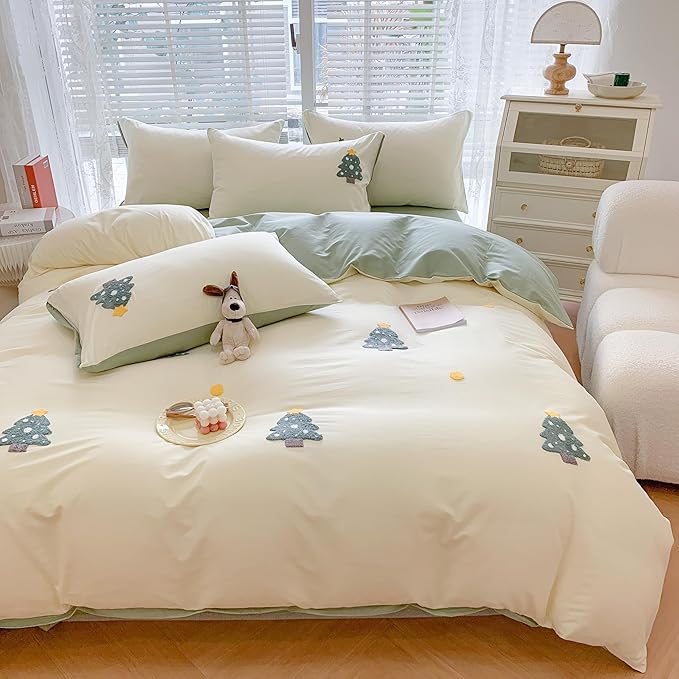 MorroMorn Twin Duvet Cover Cotton, 3D Embroidery Twin Bedding Sets, Green Chenille Embroidered Comforter Covers Soft Breathable Sweat-Absorb for Girls Boys Kids Teen (Christmas Tree, Twin/Twin XL)