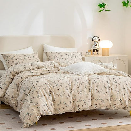 King Floral Duvet Cover, 100% Soft Cotton 3-Piece Bedding Set, Vintage Chic Garden Style Floral Pattern, King Size, Zipper Closure