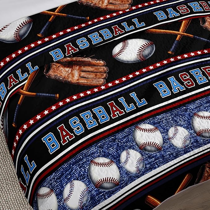 QOOMO Baseball Quilt Set Full/Queen Size,Sports Games Bedspread Coverlet Set,Sports 3Pcs Bedding Set Printed Quilt with 2 Pillowcases,Soft and Lightweight,for All Seasons