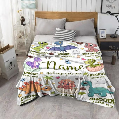 Personalized Dinosaur Blanket,Custom Dinosaur Gifts for Kids Boys,God Says I Am Themed Blanket,Meaningful Thoughtful Religious Baptism Christian Gifts,Bible Verse Quilt with Name,50"x60" for Teens