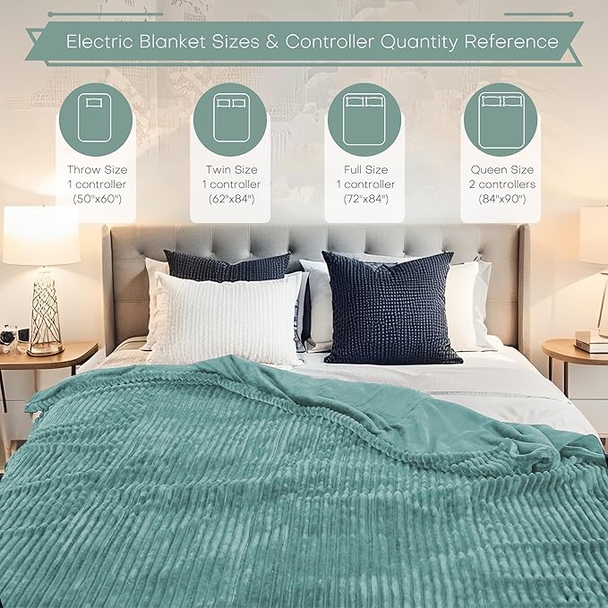 Electric Heated Blanket 84"x90" Queen Size with Cozy Flannel, 6 Heat Settings & 10 Hours Auto Off, Soft & Cozy Warming Throw for Home, Office, or Bed, Machine Washable, Bean Green