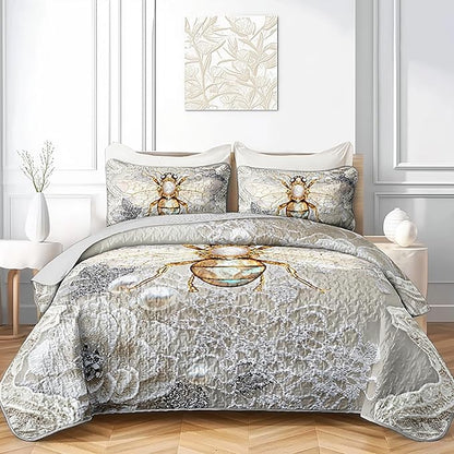 AILONEN Honey Bee Queen Size Quilt Set,Beautiful Gold Diamond Bee Bedspread Coverlet + 2 Pillowcases,3Pcs Animal Themed Flower Pearl Printed White Bed Cover for Girls