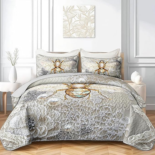 AILONEN Honey Bee Queen Size Quilt Set,Beautiful Gold Diamond Bee Bedspread Coverlet + 2 Pillowcases,3Pcs Animal Themed Flower Pearl Printed White Bed Cover for Girls