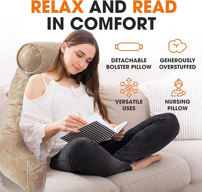 Cheer Collection Reading Pillow Chair - Chair Pillow with Arms and Detachable Neck Bolster for Bed & Couch - Machine Washable, Taupe