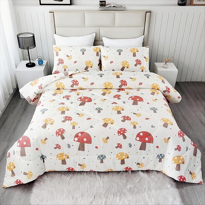 SDIII 3PCS Cute Mushroom Comforter Set Full, Soft Microfiber Lightweight Mushroom Bedding Full, Cottagecore Comforter for Boys Girls Kids and Teens