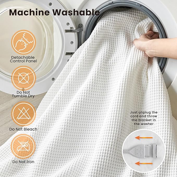Electric Heated Mattress Pad King Size Dual Control Bed Warmer, Deep Pocket, Side Storage Pouch for Controller, Machine Washable, Waffle Jacquard, 78"x80", White