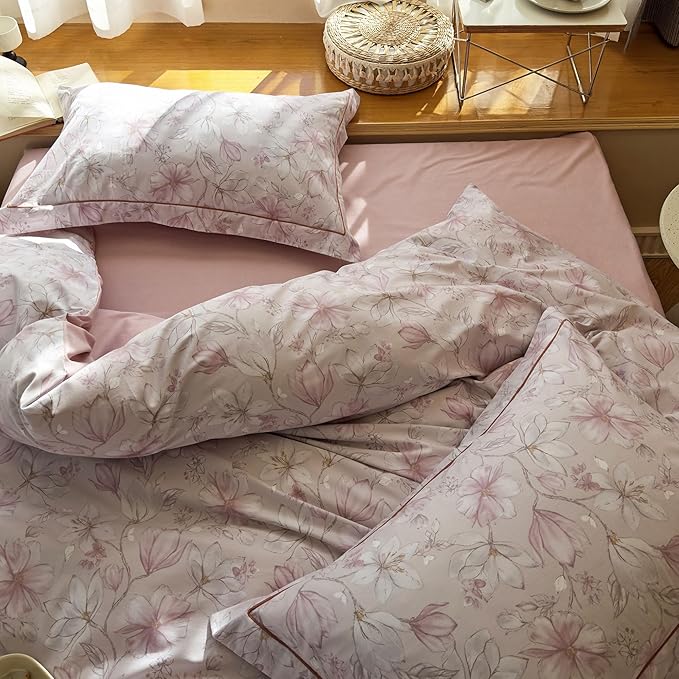 AOJIM Exquisite Duvet Cover Set with Floral Print for Kids Adults, Soft Pure Cotton Comforter Cover Set 3pcs, 1 Pink Gardenia Quilt Cover Twin Size and 2 Matching Pillowcases for Room Decor, No Quilt