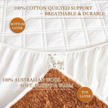 YOUR MOON Wool Fleece Mattress Pad Twin – Organic Australian Wool Plush Mattress Topper, 370GSM Velvet Breathable Bed Mattress Cover with 16" Deep Pocket, 39"x75", Brown