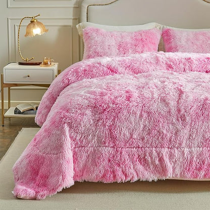 Wajade Faux Fur Plush Pink Comforter Set Fluffy Fuzzy Shaggy Bedding Set - 3PC King Size Microfiber Soft Warm Quilt Set