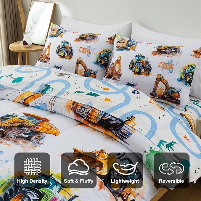 Holawakaka Trucks Tractors Cars Boy Bedding Comforter Set with Sheets, Full Size Cartoon Construction Car Excavator Print Kids Bed in A Bag 5-Piece, Boys Reversible Dorm Bed Sets (Multi Full)