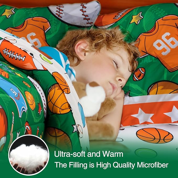 A Nice Night 6Pcs Bed in A Bag Twin Sports Comforter Set, Rugby Ball Jersey Patchwork Printed Bedding Collections,for Boys Kids Teen,Green