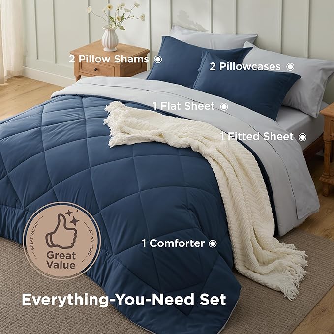 Bedsure King Size Comforter Set - 7 Pieces Reversible Navy Bedding, King Size Bed Set for All Seasons, Bed in a Bag with Down Alternative Comforter, Sheets, Pillowcases & Shams