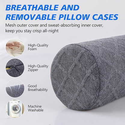 Cozyhealth Cervical Roll Pillow, Medium Soft Memory Foam Neck Round Pillow Cylinder Bolster Pillow for Sleeping, Round Neck Support for Bed, Legs, Back and Yoga (Grey, Large - 4.7" H)