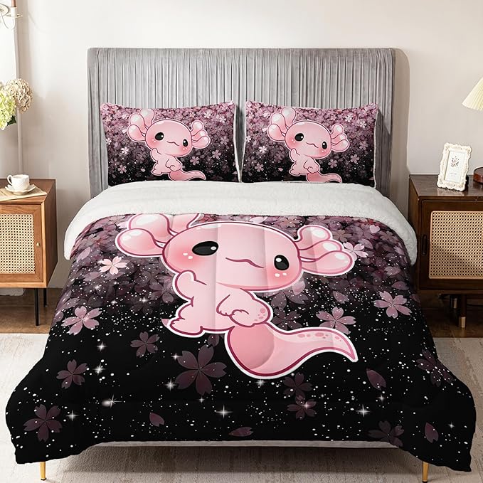 QOOMO Cartoon Axolotl Sherpa Fleece Comforter Set Girls Kawaii Bedding Set Twin Size for Kids Teens Cute Cherry Blossoms Bedding Design 3 Piece with 1 Comforter 2 Pillowcases