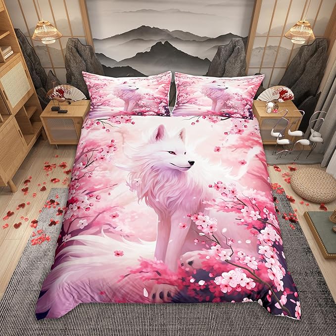 Fox Duvet Cover Set Twin Size,Pink Cherry Blossom Bedding Set 2Pcs,Wild Animals Plants Comforter Cover for Kids Girls Woman Adult Bedroom Decor,Japanese Style Romantic Quilt Cover,1 Pillowcase