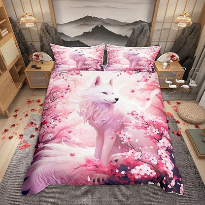 Fox Duvet Cover Set King Size,Pink Cherry Blossom Bedding Set 3Pcs,Wild Animals Plants Comforter Cover for Kids Girls Woman Adult Bedroom Decor,Japanese Style Romantic Quilt Cover,2 Pillowcases