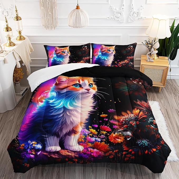 Cartoon Kawaii Cat Comforter Set Twin Size 3D Animals Flower Toddler Bedding Set Cat Lovers Animal Bubble Design Quilt Bed Set for Girls Kids Teens
