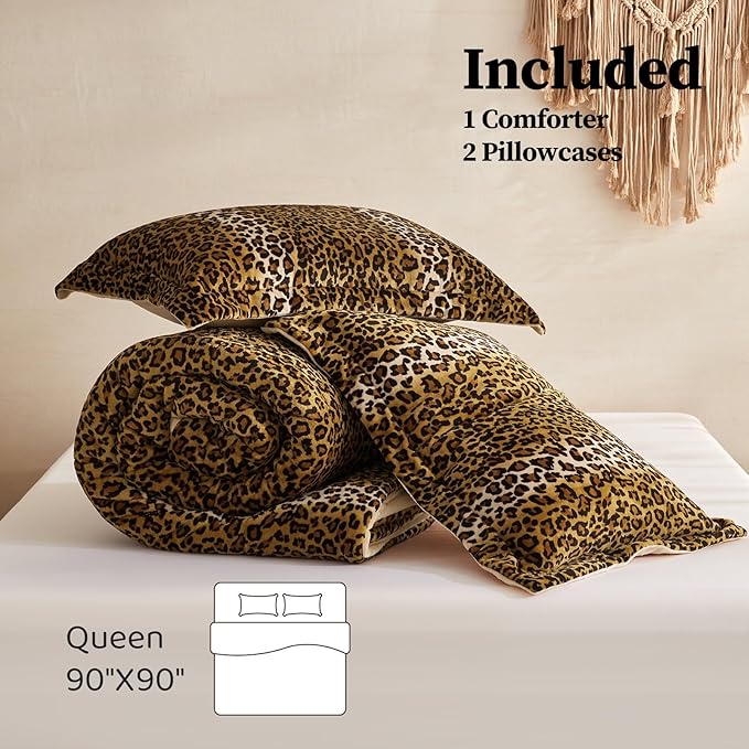 Petrichor Leopard Velvet Flannel Queen Comforter Set-Cheetah Print Western Blanket,Luxury Fuzzy Heavy Bedding Set, 3 Pieces Plush Winter Bed Set with Comforter (90"x90") & 2 Pillow Shams (20"x26")