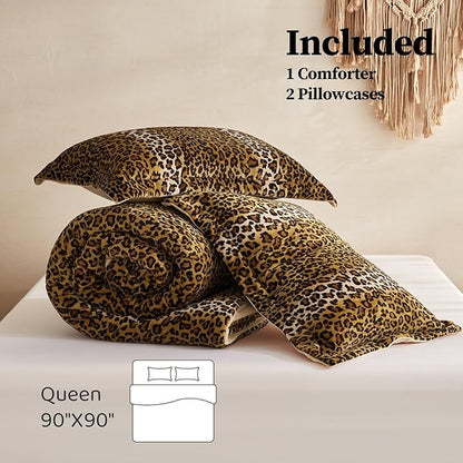 Petrichor Leopard Velvet Flannel Queen Comforter Set-Cheetah Print Western Blanket,Luxury Fuzzy Heavy Bedding Set, 3 Pieces Plush Winter Bed Set with Comforter (90"x90") & 2 Pillow Shams (20"x26")