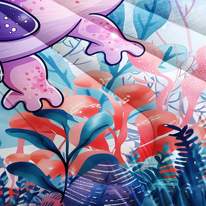 Cute Axolotl Bedding Set Full Size,Color Axolotl Waterweed Jellyfish Pattern Toddler Bed Comforter Set,Kawaii Ocean Life Bedding Sets for Kids Boys Girls Room Decor with 2 Pillowcases.