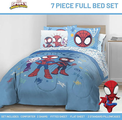 Jay Franco Kids Comforter Set Includes Sheets and Pillow Covers - Soft and Cozy Bed Set for Stylish Room Decor, Light Blue - Spidey & His Amazing Friends, 7 Piece Full Bedding
