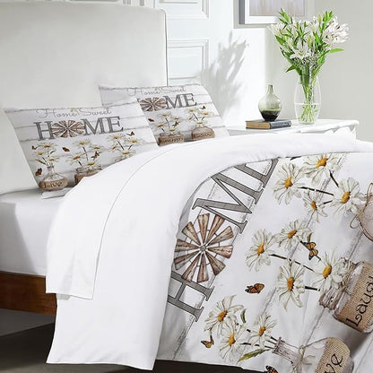 Daisy Flower Theme 3 Pieces Duvet Cover Comforter Set with 2 Pillowcase King Size White Floral Bed Sheet Quilt Bedroom Bedding for Lover Kids