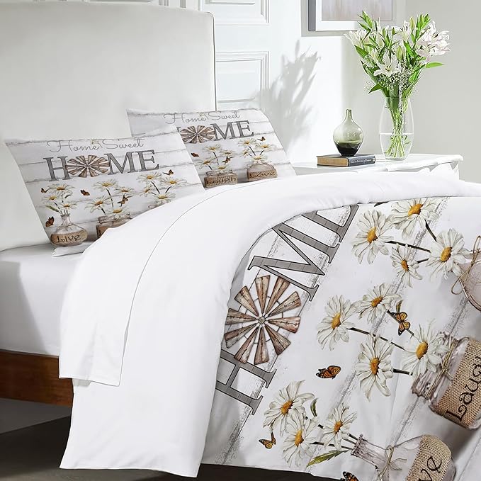 Daisy Flower Theme 3 Pieces Duvet Cover Comforter Set with 2 Pillowcase Queen Size White Floral Bed Sheet Quilt Bedroom Bedding for Lover Kids