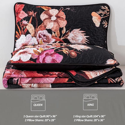 Floral Quilt Set Queen 3 Pieces Red Floral Quilt Coverlet Set Soft Microfiber Lightweight Black Quilted Bedspread for All Season 90"x96"