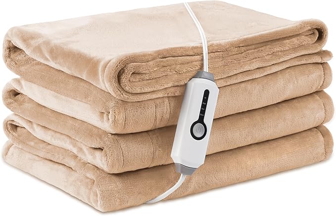 Electric Heated Blanket Twin Size 62×84, Breathable & Luxurious Flannel, Soft Warm Gift with Over-Heat Protection, 4 Heating Levels & 10 H Auto Shut Off, Machine Washable, Light Brown