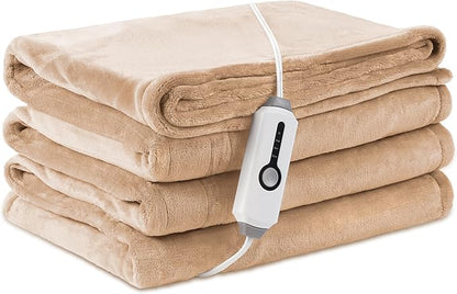 Electric Heated Blanket Throw Size 50×60, Breathable & Luxurious Flannel,Soft Warm Gift with Over-Heat Protection,4 Heating Levels & 3 H Auto Shut Off, Machine Washable, Light Brown