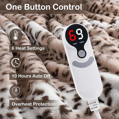 Electric Heated Blanket Full Size 72"x84", Cozy Large Oversized, 6 Heating Levels & 1-10 Hours Auto Off, Machine Washable, Leopard Print, Beige