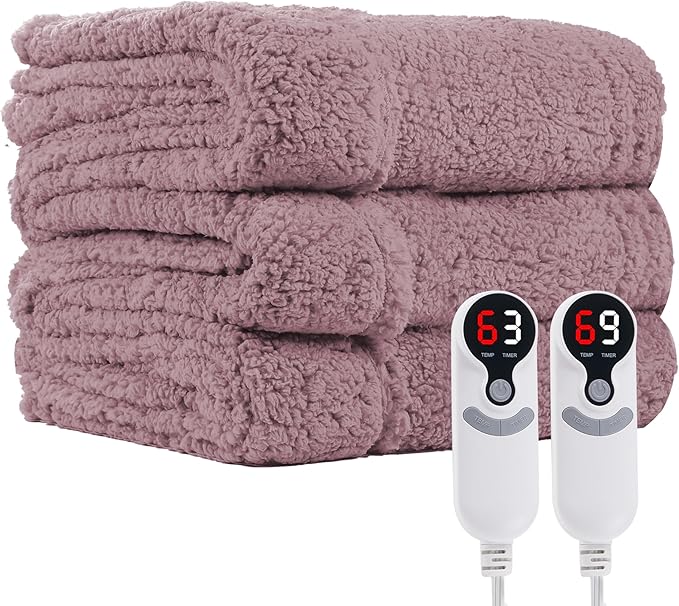 Electric Heated Blanket Queen Size 84"×90" Dual Control, 6 Heating Settings & 1-10H Auto Off, Heating Double Sided Plush Sherpa, Fast Heating, Machine Washable Light Purple
