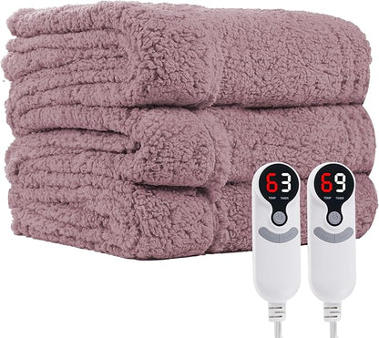 Electric Heated Blanket Queen Size 84"×90" Dual Control, 6 Heating Settings & 1-10H Auto Off, Heating Double Sided Plush Sherpa, Fast Heating, Machine Washable Light Purple
