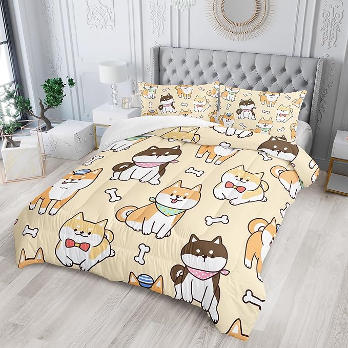 Kawaii Cartoon Corgi Dog Animal Themed 3Pcs Comforter Full Yellow Black Dogs Pattern Bedding for Kids Teens Girls Boys Cute White Bone Quilt Bed Decor Set with 1 Comforter and 2 Pillowcases